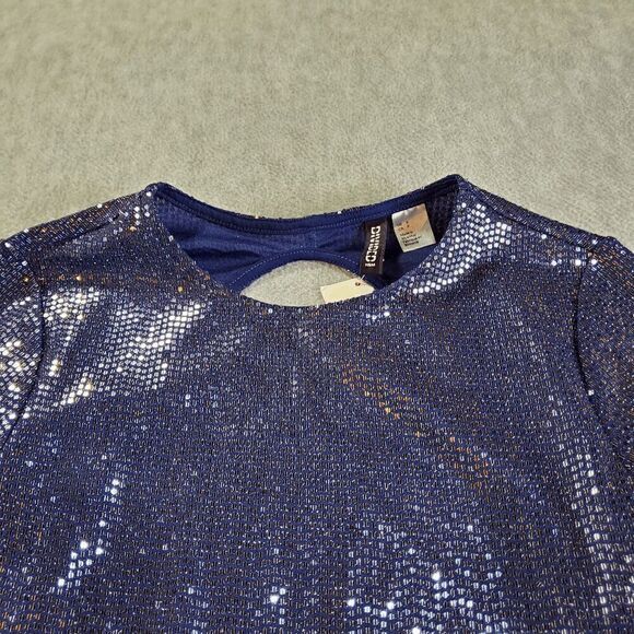 H&M Dress Womens Small Blue Sequin Metallic Cut Out Back Long Sleeve Round Neck - Picture 5 of 8